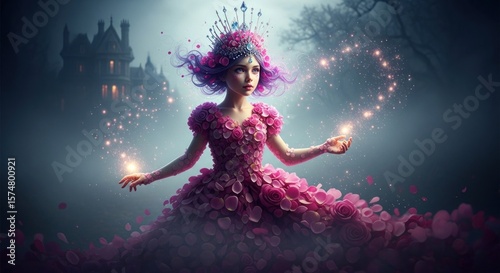 A fairy princess in a pink rose petal dress with a crown and magic sparkles in a misty forest scene