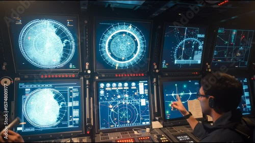 Command center interior showing multiple radar screens and operators monitoring airspace and sea traffic — dark, moody, glowing interface