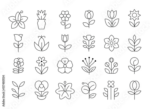 Flowers line icon set.editable stroke line  various flower species - azalea, anemone,  lily, orchid, hydrangea, lavender, thin linear illustration.