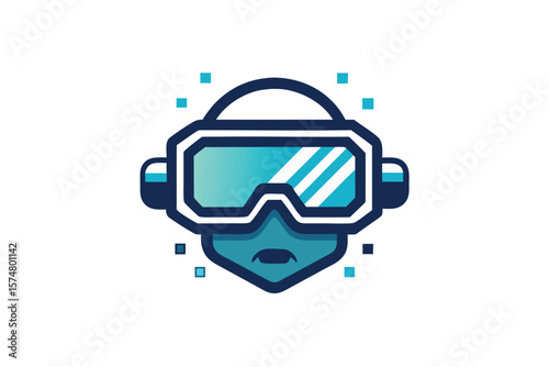Stylized icon of a person wearing virtual reality goggles with digital elements