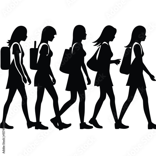 Silhouettes of Eight Young Women Walking Left to Right in Vector Illustration