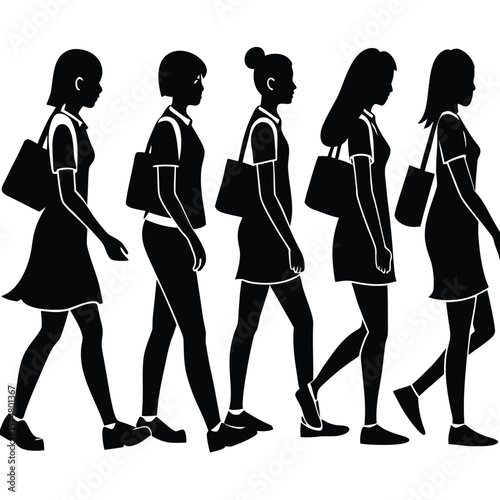 Silhouettes of Eight Young Women Walking in a Row Vector Illustration