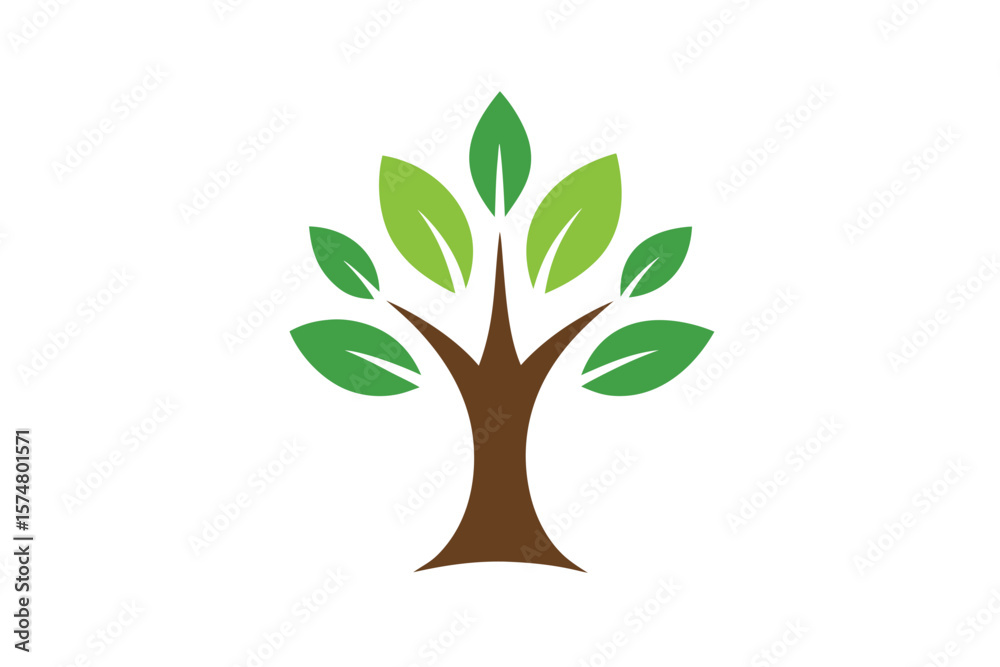Fototapeta premium Stylized green tree with brown trunk and white background