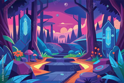 Enchanting alien forest path with glowing crystals and vibrant sunset
