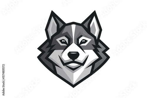 Striking husky head displays gray, white, and black polygonal elements forming its distinctive facial features