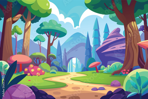 Whimsical fantasy forest path leading to glowing mountains and strange flora