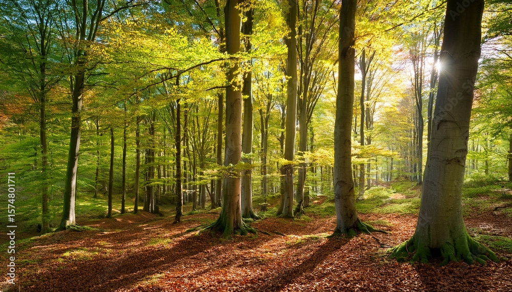 Obraz premium green and yellow beech in forest on a sunny day