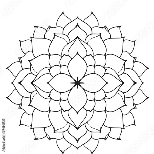 Detailed mandala with symmetrical floral design, black outline on white background.