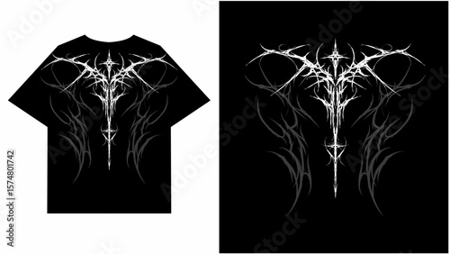 Neo tribal t-shirt design, with symmetrical accents, crafted in sharp white strokes for a dark, gothic streetwear aesthetic.