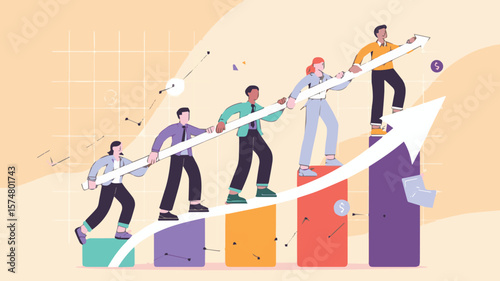 Teamwork achieving business growth together, reaching success with upward arrow chart