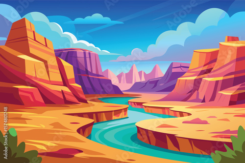 Vibrant canyon landscape with river and dramatic sky