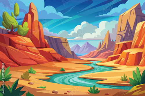 Stylized desert canyon with a winding turquoise river and colorful mountains