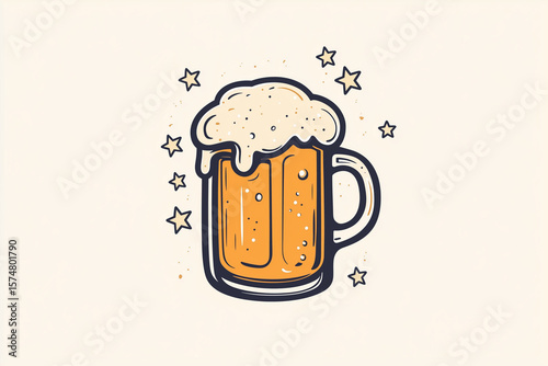 Illustration of a frothy beer mug with stars on a light background