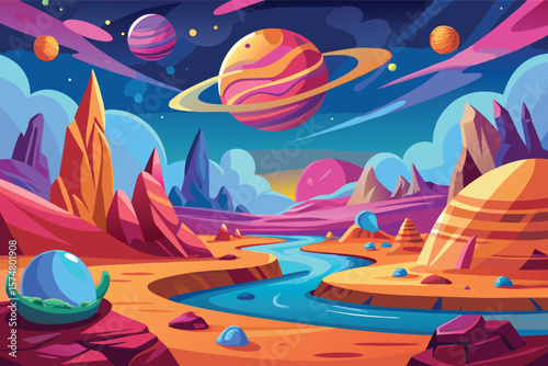 Vibrant alien landscape with ringed planet and blue river