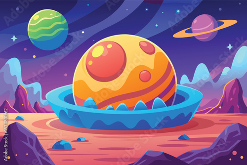 Vibrant alien landscape with colorful planets and strange rock formations