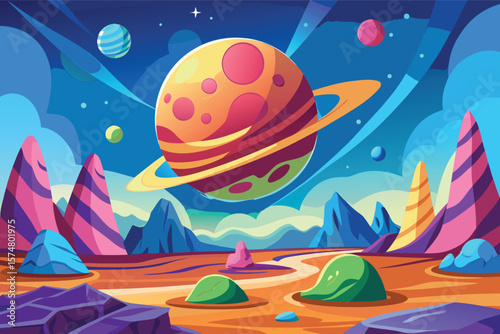 Vibrant alien planet landscape with ringed planet and colorful mountains