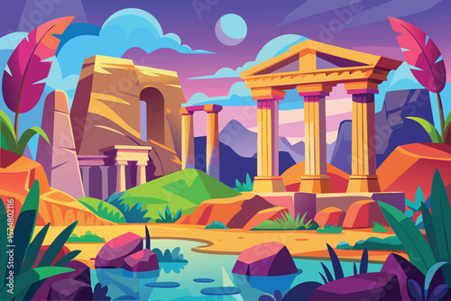 Vibrant ancient ruins landscape with colorful sky and water