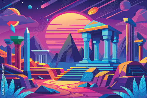 Vibrant retrofuturistic alien landscape with ancient ruins and celestial bodies