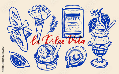 La Dolce Vita poster with Italian gelato, oyster, baguette, lemon and retro mailbox in hand drawn blue and red vintage style, traditional Italian dessert food summer vector illustration