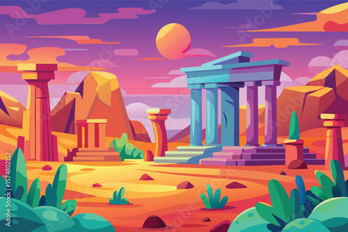 Vibrant desert landscape with ancient ruins and a colorful sunset sky