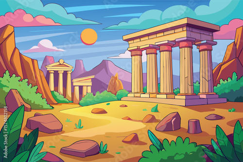 Stylized ancient greek ruins under a vibrant colorful sky