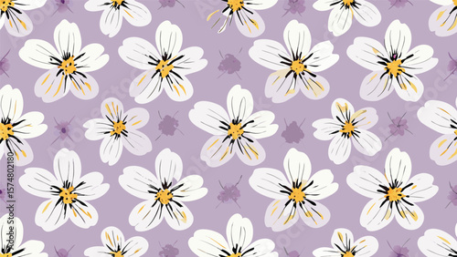Seamless pattern of white flowers with yellow centers on a light purple background design repeat 100