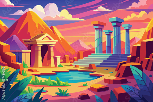 Vibrant ancient ruins with a tranquil oasis and colorful mountain landscape