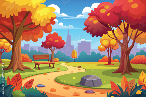 Vibrant autumn park scene with colorful trees and cityscape background