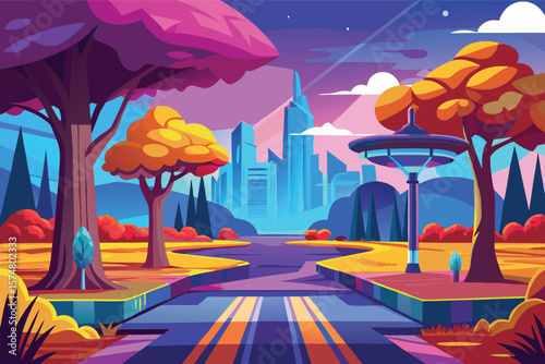 Vibrant futuristic cityscape with surreal trees and glowing road