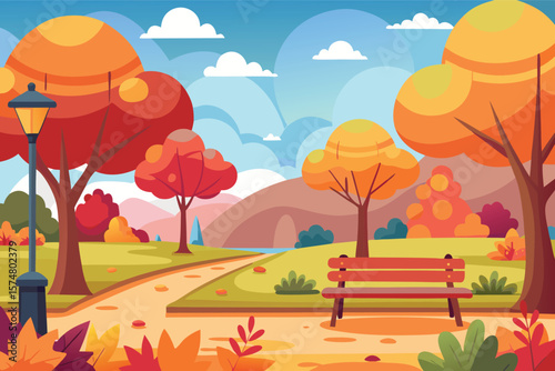 Vibrant autumn park scene with colorful trees and a bench