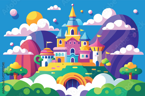 Whimsical colorful castle in a dreamlike landscape