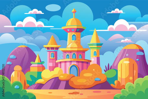 Whimsical fantasy castle with vibrant colors and dreamy clouds