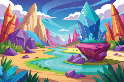 Vibrant alien landscape with glowing crystals and winding river
