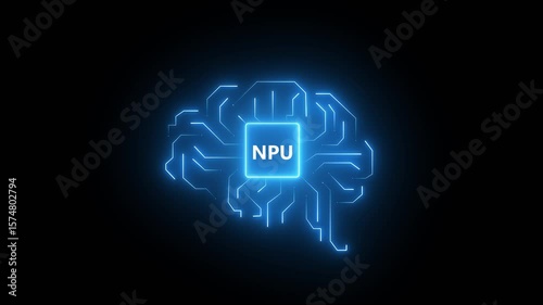 AI Revolution: NPU Futuristic Neural Processing Unit. Machine learning, data processing. Motion graphics of NPU icon on the transparent background. 4k video animation.