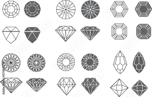 Collection of Detailed Gemstone Cuts and Facets, Including Diamond, Emerald, and Round Brilliant Shapes in Outline and Solid Views, Ideal for Jewelry Design and Luxury Concepts