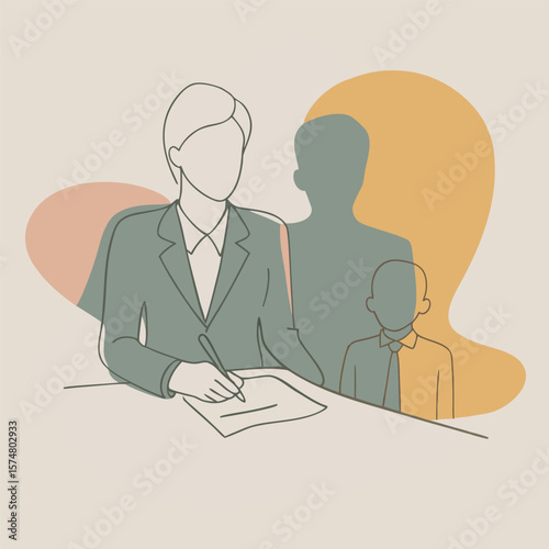 Minimalist Illustration Businesswoman Supporting a Boy Studying at a Desk