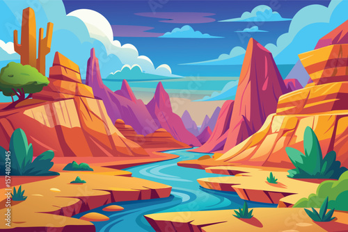 Vibrant desert landscape with river and majestic rock formations