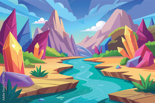 Vibrant fantasy landscape with crystalline mountains and a turquoise river