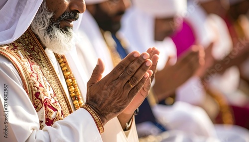 Praying men in traditional attire