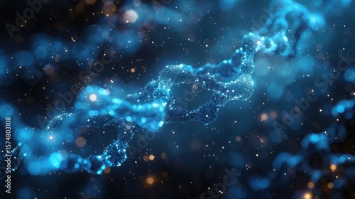 Illuminated blue structure with particles in dark space