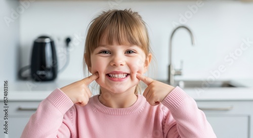 A happy young girl with bangs smiles brightly, pointing to her cheeks with her fingers
