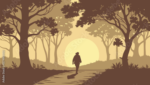 Serene Silhouette of Person Walking on Path Through Tranquil Autumnal Forest at Sunset, Warm Tones, Peaceful Mood, Vector Illustration.