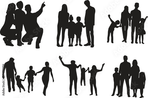 Set of diverse family silhouettes in various poses, including parents and children, symbolizing togetherness, love, and generational bonds.