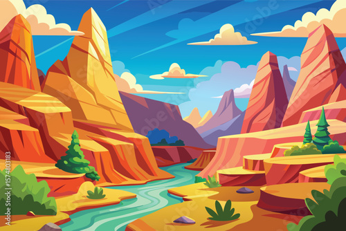 Vibrant cartoon canyon landscape with river and mountains