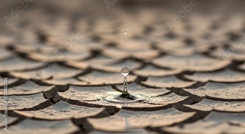 A close up of a water droplet falling onto cracked dry earth creating ripples in the small puddle formed
