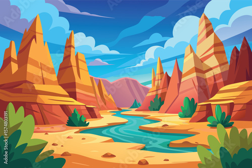Stylized desert canyon with a winding river and dramatic rock formations