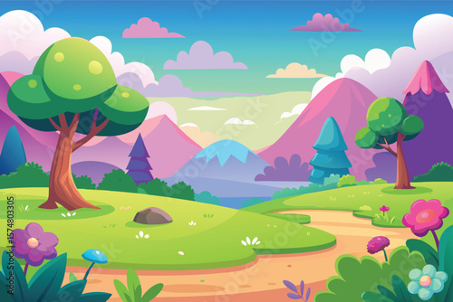 Whimsical cartoon landscape with rolling hills and colorful mountains