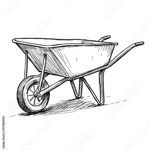 vintage ink sketch wheelbarrow on white background