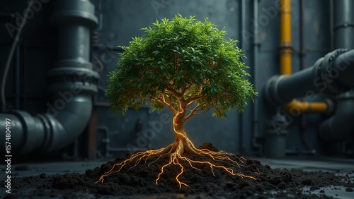 Industrial Background with Vibrant Tree and Glowing Roots