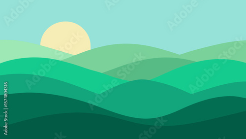Stylized green rolling hills landscape with a soft yellow sun rising